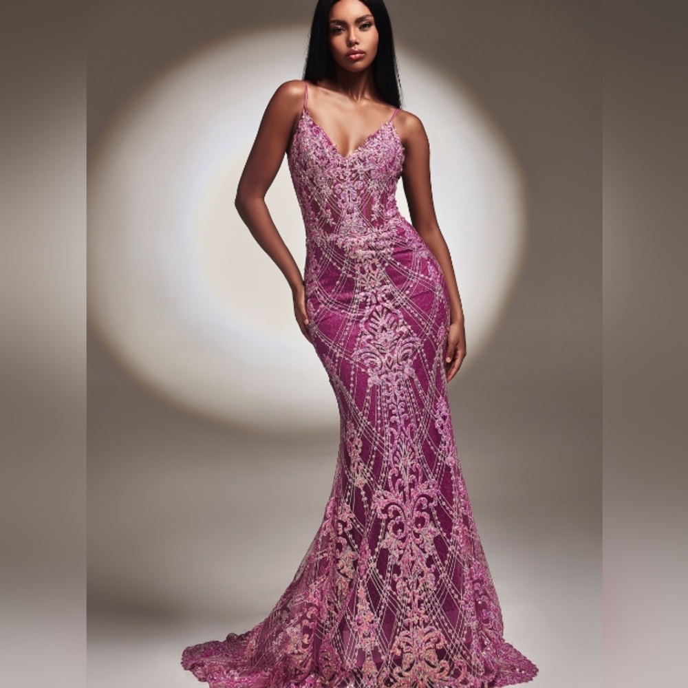 Amythest purple/pink mermaid sleeveless beaded glitter gown with semi open back